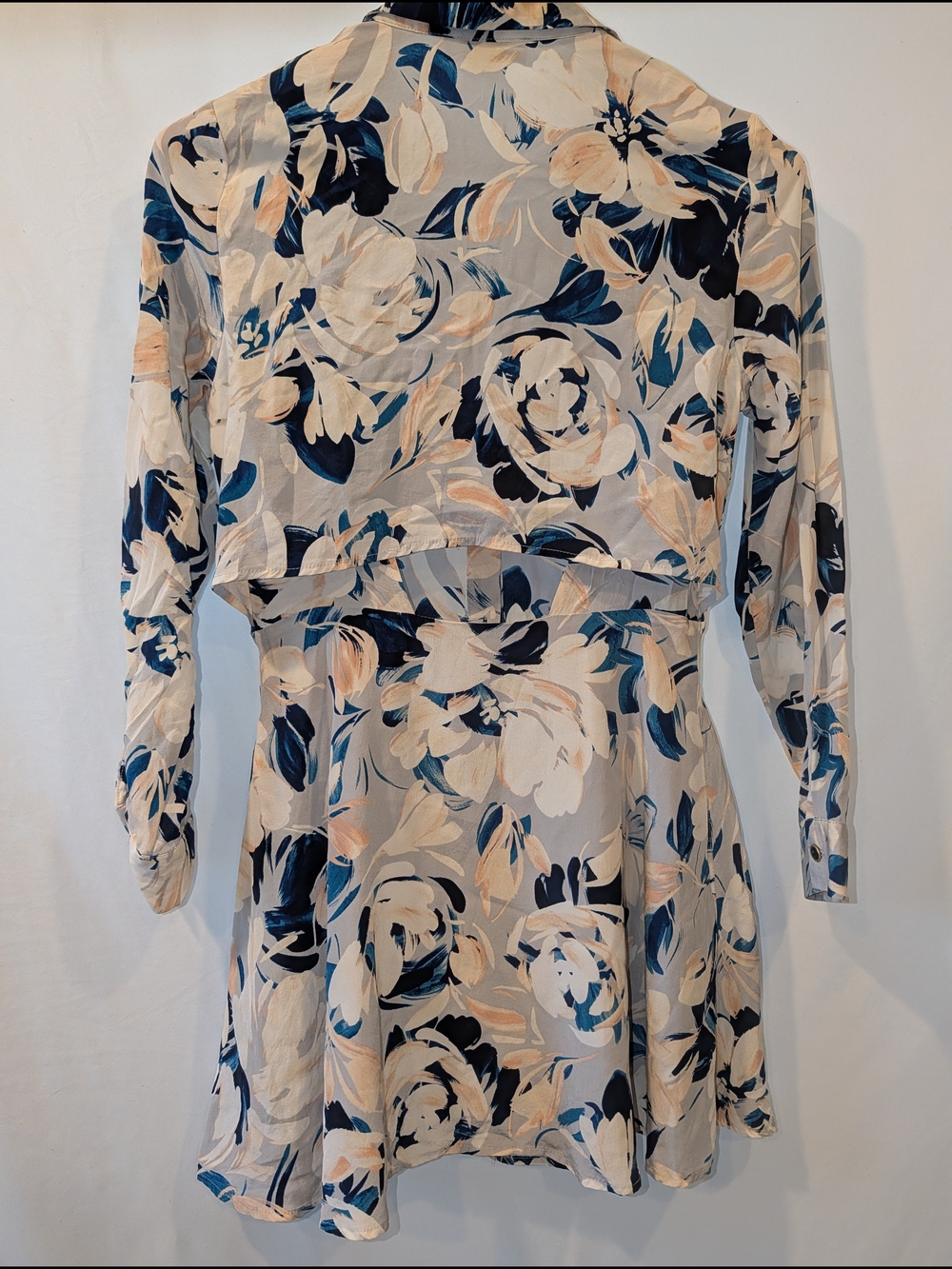 Yumi Kim Floral Silk Mini Button long sleeve shirt Dress Cream, Navy, Peach - Picture 5 of 8
